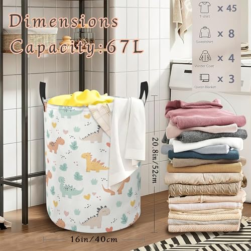 Cute Dinosaur Laundry Basket,Plants Foldable Oxford Cloth Laundry Hamper with Handles Waterproof Dirty Clothes Storage Basket for Bathroom Bedroom Dorm Room 16" x 20.8" - color: Cute Dinosaur Plants