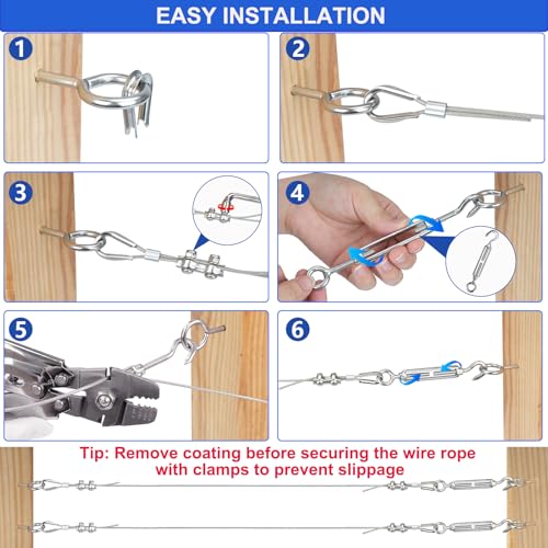 TooTaci 1/16 Wire Rope Kit, 50ft Vinyl Coated 304 Stainless Steel Cable - style: 50ft 1/16" Wire Rope with Clamps