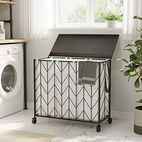 WOWLIVE Laundry Hamper 3 Section with Lid, 142L Laundry Basket with Wheels - color: Beige, size: 142l(28.35 x 13 x 26.4 Inches)