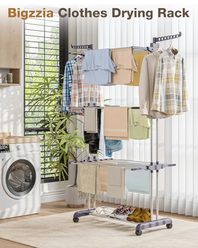 Bigzzia Clothes Drying Rack Folding with Wheels Drying Rack Clothing Clothes Horses Rack Stainless Steel Laundry Drying Rack with Two Side Wings 4 Tier Grey - color: Gray