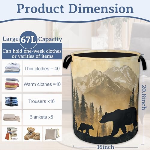 Bear Laundry Basket,Oxford Cloth Golden Mountain Forest Laundry Hamper With Handle Foldable Portable Clothes Storage Basket for Laundry Room/Bedroom/Bathroom 20.8"x16" - color: Bear Golden Mountain Forest