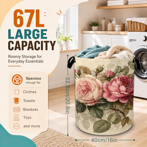 Vintage Peony Flower Laundry Basket,Foldable Oxford Laundry Hamper with Handles,Collapsible Clothes Storage Bucket Tote Bag for Laundry Room,Bathroom,Bedroom,Dorm - color: Vintage Peony Flower