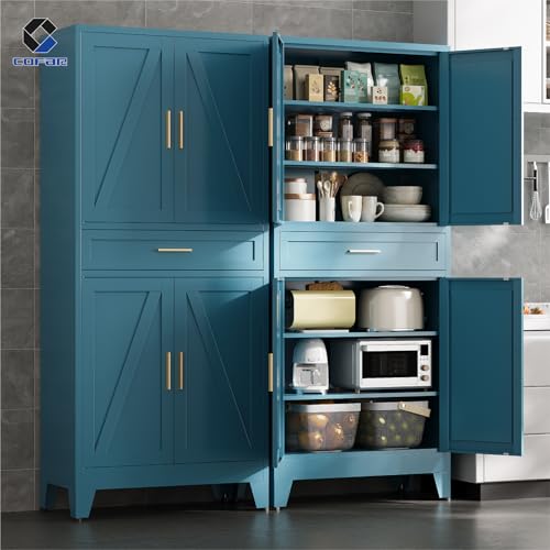 COFaR 71'' Tall Metal Pantry Cabinet with Drawer, Kitchen Storage Cabinet with 4 Doors and Shelves, Freestanding Farmhouse Food Cupboard for Kitchen Dinning Room Garage, Peacock Blue 6-Tier - color: Peacock Blue, size: 71'' 4 Doors 1 Drawer-Tree Door