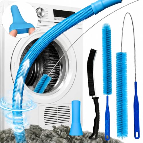 4 Pieces Dryer Vent Cleaner Kit with Lint Brush – Universal Dryer Lint Vacuum Attachment, Flexible Hose & Brush Set for Dryer Vent Cleaning, Lint Trap Cleaner & Home Cleaning Tools (Blue)