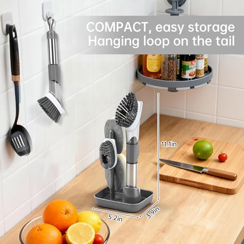 Soap Dispensing Scrub Brush - 4-in-1 Kitchen Cleaning Brush with Built-in Tank, Scraper Heads for Stubborn Grime on Pots Pans, Stand/Hang Storage-Grey - color: Gray