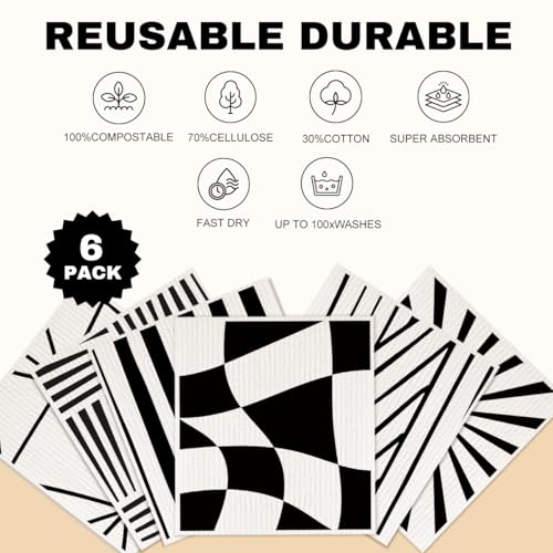 6 Pack Swedish Dishcloths Black White Geometric Kitchen Towels 03 - color: Multi 1523