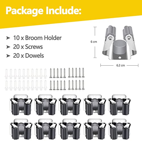 Verdenu 10 Pack Broom Holder Wall Mount, Mop and Broom Holder Wall Mount, Stainless Steel Command Broom Holder with Screws, Garden Tool Storage Organizer for Kitchen, Home, Bathroom, Garage, Grey - color: Grey, size: 10 Pack