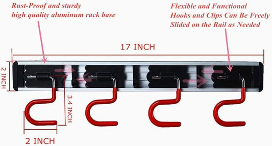 Wall Mounted Mop and Broom Holder, Stainless Steel, Red Black, 34 Inches, 8 Position Rack with 6 Hooks, S Type Organizer - size: 34inch