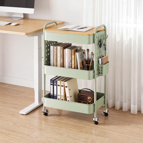 3 Tier Rolling Cart with Table top, Metal Utility Cart with DIY Pegboard - color: Green With Pegboard