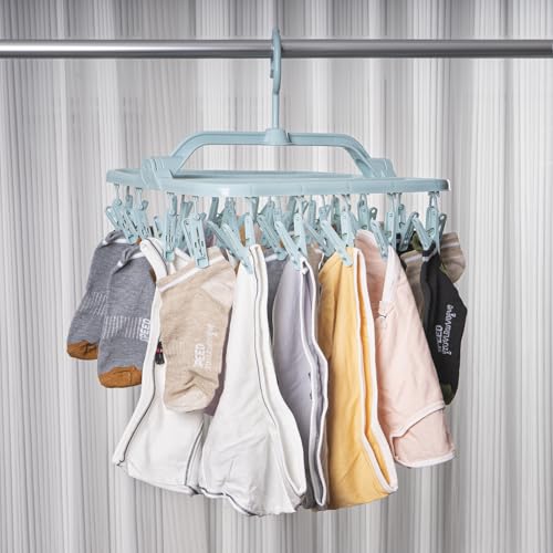 Foldable Clip Hangers with 26 Drying Clips, Underwear Hanger with Clips, Plastic Laundry Clip and Drip Drying Hanger for Socks, Bras, Lingerie, Clothes, Sturdy, Blue - color: Light Blue, size: 1 PC