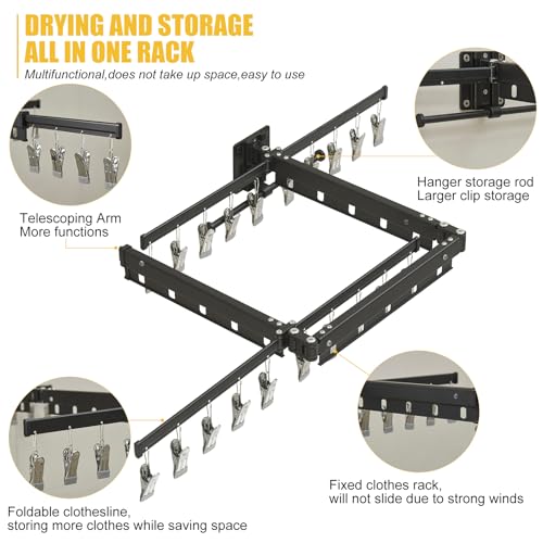BESy Wall Mounted Laundry Clothes Drying Rack Foldable for Hanging Clothes Upgrade Retractable Foldable Collapsible Tri-Fold Drying Racks for Laundry Balcony Bathroom Aluminum Alloy Matte Black