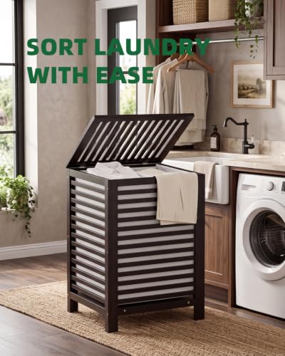 SMIBUY Double Laundry Hamper with Lid, 120L Bamboo Laundry Basket with Removable Liner Bag, 2-Section Clothes Divider Laundry Sorter for Laundry Room, Bathroom, Bedroom (Dark Brown) - color: Brown