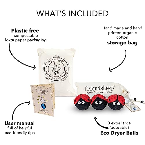 Friendsheep Wool Dryer Balls, Organic Reusable Fabric Softener Alternative for Laundry, Handmade, Fair Trade, Hypoallergenic, Eco-Friendly, Plastic-Free (3 Pack XL – Ladybug) - color: Ladybug Trio, size: 1 Count (Pack of 3)