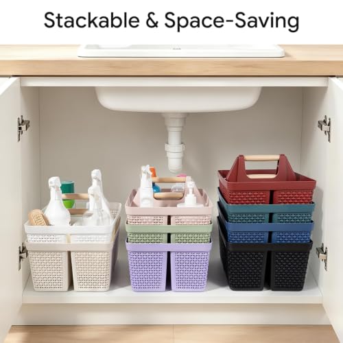 UUJOLY Portable Plastic Shower Caddy Basket with Wooden Handle, White - color: White