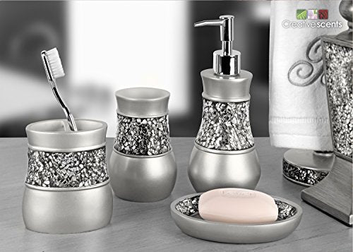 Crackled Glass Silver Toothbrush Holder And Toothpaste Holder For Bathroom - Elegant Crackled Glass Bathroom Toothbrush Organizer - Decorative 2 Slot Family Toothbrush Cup Holds Multiple Toothbrushes - style: Toothbrush Holder