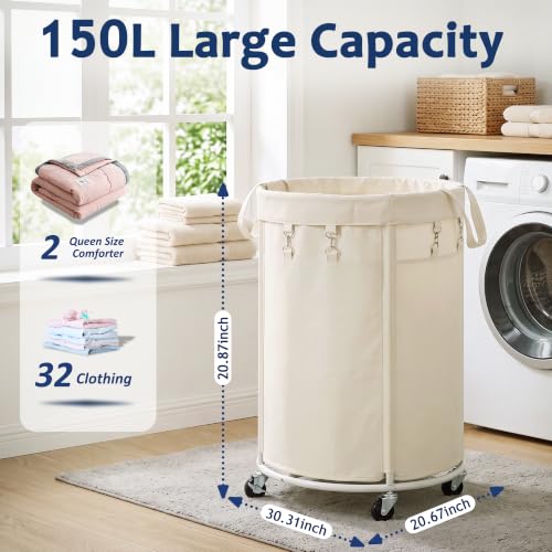 150L Large Capacity Rolling Laundry Basket Hamper with Wheels, Clothes hamper and Removable Bag for Home, Laundry Room, Bedroom, Bathroom, Apartment, Dorm - color: Beige