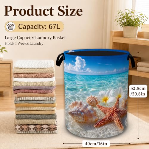 Seashell Starfish Beach Laundry Basket with Handles, Foldable Tall Oxford Clothes Hamper, Lightweight Water-Resistant Storage Bin for Bedroom Bathroom College Dorm, 16 x 20.8 Inch - color: Seashell Starfish Beach