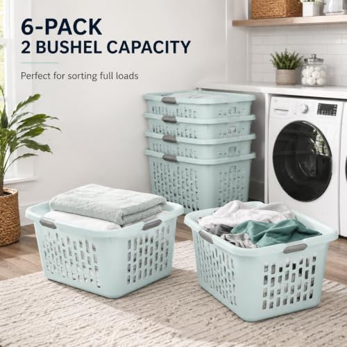 Laundry Basket 2 Bushel Plastic with 4 Handles 6 Pack Mint for Home - color: Blue