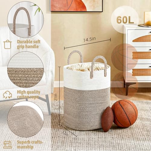 Laundry Basket,Woven Cotton Rope Laundry Hamper,Versatile Storage for Dirty Clothes,Baby Toys,and Blankets in Bathroom, Nursery,and Living Room (Brown, 60L) - color: Brown, size: 60L