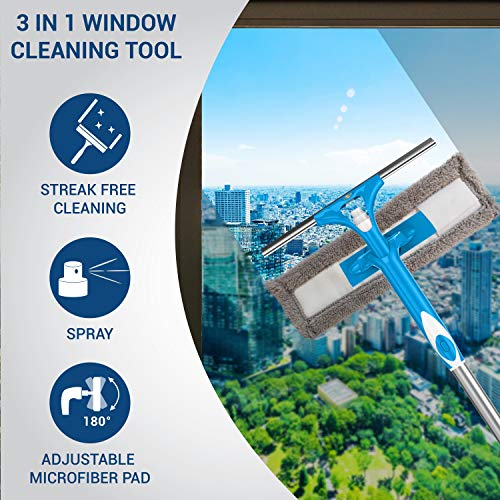 SCRUBIT Extendable Squeegee Window Cleaner- Window Cleaning Tool with Microfiber Scrubber & Spray Head - 58" Long Extension Pole for High Windows and Outdoor Glass Washing - Shower Cleaning Kit