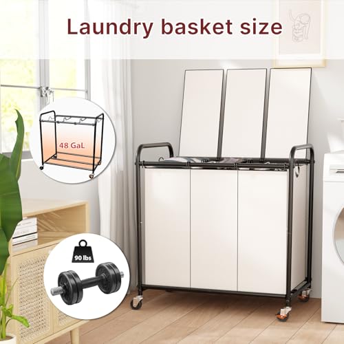 180L Laundry Sorter 3 Section with Lockable Wheels and Lid White - color: White-3 Sec, size: 47.55Gal