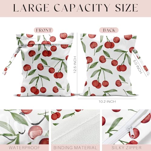 Wet Bag, Wet Dry Bag, Waterproof Swim Bags, Machine Washable Reusable Bags for Beach, Pool, Diapers, and Dirty Yoga Gym Clothes(Watercolor Red Cherry & Leaf Pattern - color: Watercolor Cherry with Branches