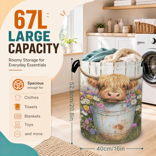Highland Cow Laundry Basket,Daisy Flower Foldable Oxford Laundry Hamper with Handles,Collapsible Clothes Storage Bucket Tote Bag for Laundry Room,Bathroom,Bedroom,Dorm - color: Highland Cow Daisy Flower
