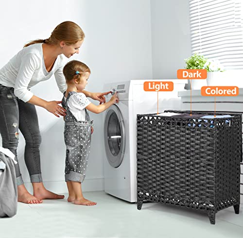 Laundry Hamper with 3 Removable Liner Bags, 132L Laundry Sorter with Lid - color: Black, size: 132L-3 Section