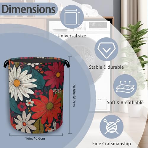 Retro Red Daisy Flowers Laundry Hamper,Dirty Clothes Laundry Basket with Handles Waterproof Oxford Cloth Storage Basket for College Dorms Bathroom Bedroom 16" x 20.8" - color: Retro Red Daisy Flowers