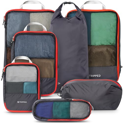 TRIPPED Travel Gear Large Compression Packing Cubes 7-Piece Set for Travel - color: Grey and Orange-Mesh
