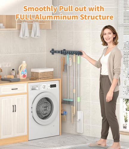 Pull Out Broom Holder With 9 Adjustable Row Sliding Hook-Dark Grey 16.14in - color: Dark grey, size: 41cm/16.14inch