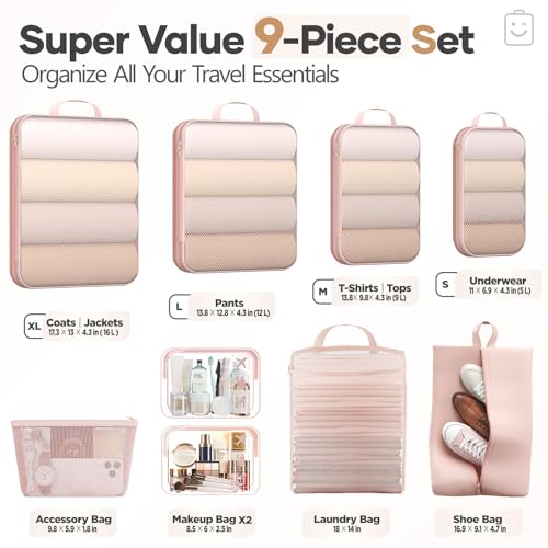 Veken 9/11 Set Compression Packing Cubes for Cruise Travel Essentials,Compressible Expandable Luggage Suitcase Organizer Bags for Clothing,Space Saver Bags with Over 1000 pcs of Mesh Holes(Beige) - color: Beige, size: 9 set