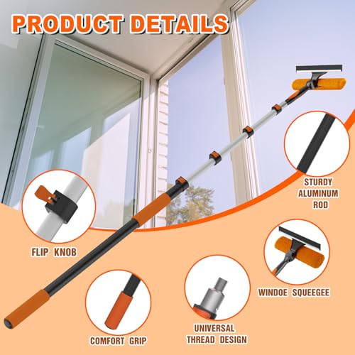 SISUPASSIE 36FT Reach 2-in-1 Window Squeegee, Professional Window Washing Kit with 7-30FT Extension Pole for Home, Indoor Outdoor Squeegee with Rotatable Head for High Windows - size: 30FT
