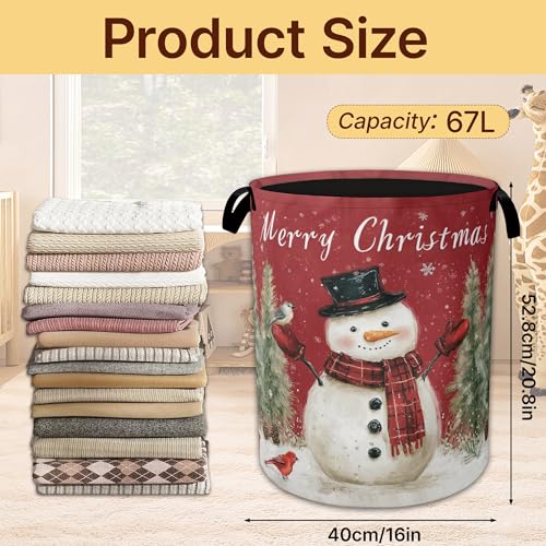 Snowman Bird Collapsible Laundry Basket,Merry Christmas Waterproof Oxford Cloth Hamper with Handles,Portable Storage Organizer for Laundry Room Bedroom - color: Snowman Bird,Merry Christmas