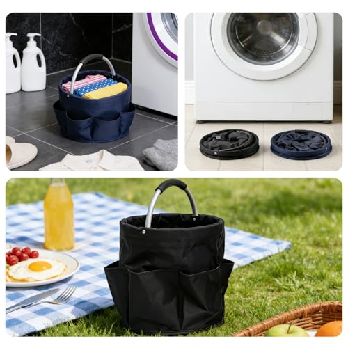 Tool Bucket Organizer 2-Pack, 17L Foldable Cleaner Caddy with 6 Pockets,Handle for Garden、Family and Bathroom, Can Also be Used as a Beach Basket or Shopping Basket,Black+Navy Blue