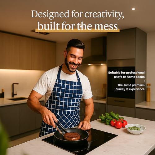 Will Well Kitchen Apron for Men and Women - 33" x 27" Oil-and-Water-Resistant with Adjustable Neck Strap and 38" Waist Ties for a Snug Fit, Lightweight with 2 Front Pockets - 1-Pack, Navy Checkered - color: 07 - Navy Checkered, size: 1 Pack