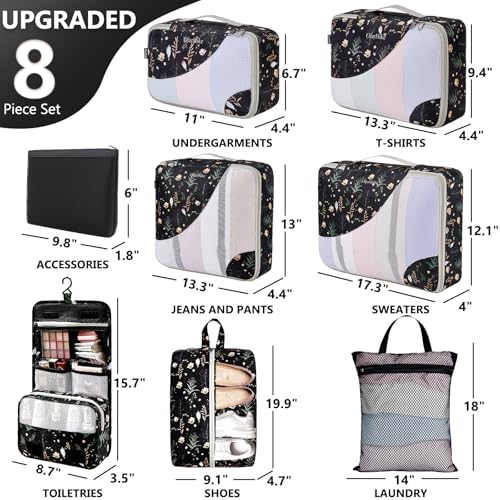 OlarHike Packing Cubes for Travel,Gifts for Women Mom,Anti-Tearing Suitcase Organizer for Luggage with Shoe & Hanging Toiletry Bag,Vacation Essentials & Accessories for Cruise Ship,8 Set,Black Flower - color: 14 Black Flower
