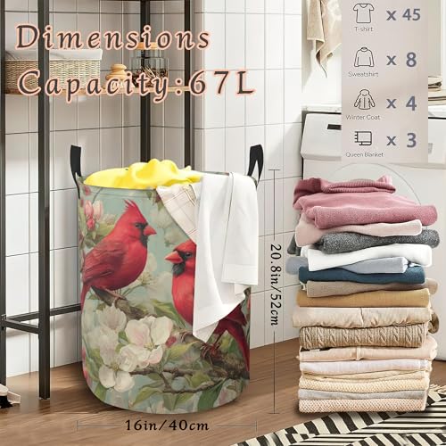 Cardinal Laundry Basket with Handles,Flower Floral Waterproof Clothes Organizer Bin Collapsible Storage Basket for Bedroom Bathroom Dorm Room 16" x 20.8" - color: Cardinal Flower Floral