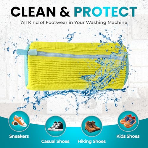 Premium Shoe Washing Machine bag 2 Pack – 360° Self-Locking Zipper Reusable Sneaker Laundry Set – Heavy-Duty Microfiber Shoe Washing Bag for Washer & Dryer, Boots & Athletic Footwear (Yellow) - color: Yellow 2Pcs