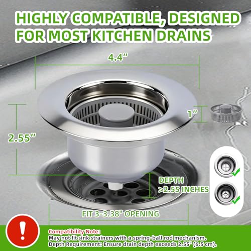 Sink Drain Strainer - Kitchen Sink Stopper, 3 in 1 Kitchen Sink Drain Strainer with Anti-Clogging Basket, Fit US Standard 3-1/2'' Sink Hole - color: Sliver Grey