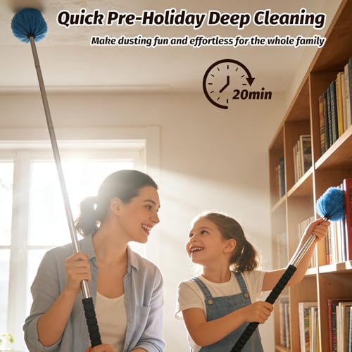 Cobweb Duster Brush with Extension Pole,Lightweight 5ft Long Spider Web Cobwebs Ceiling Fan Dust Cleaning Brush Kit with Washable Head for Furniture, Eaves, VentRoof House Cleaning up to 12.5ft