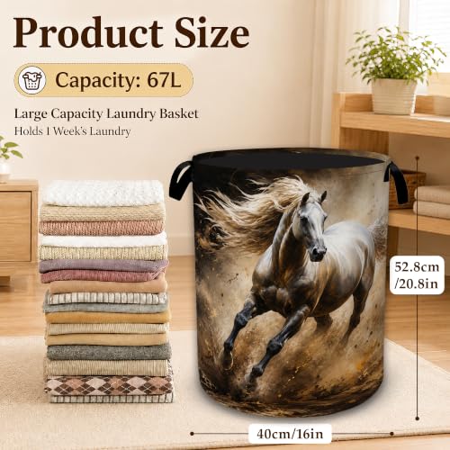 Running White Horse Decorative Laundry Hamper, Tall Foldable Oxford Clothes Basket with Handles, Lightweight Dirty Clothes Holder for Bedroom Bathroom Laundry Room - color: Running White Horse