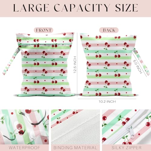 Wet Bag, Wet Dry Bag, Waterproof Swim Bags, Machine Washable Reusable Bags for Beach, Pool, Diapers, and Dirty Yoga Gym Clothes(Cherry & Stripe Pattern - color: Watercolor Cherry on Pink - Green Striped Base