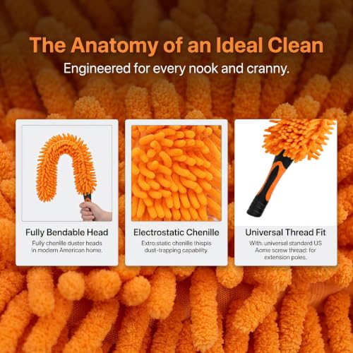 Chenille Duster with Bendable Head – Washable Ceiling Fan Duster for High Ceilings, Blinds, and Furniture – Universal Thread Fit for Easy Cleaning, Orange - color: Chenille