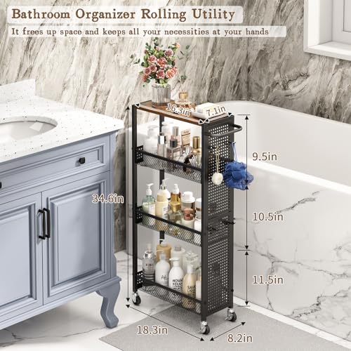 Utility Slim Storage Cart 4 Tier Rolling Laundry Room Organization Cart: - color: Black, size: 7.1 inch wide