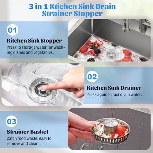 NinjaTiger 3-in-1 Kitchen Sink Drain Strainers, Pop-Up Sink Stoppers - color: Silver-1pack
