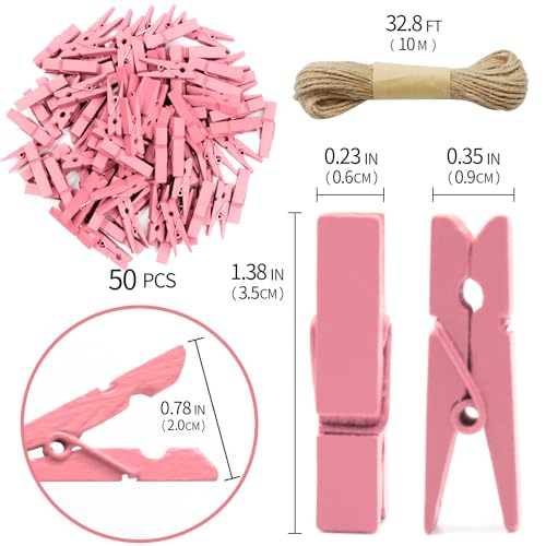 1.35 Inch Mini Clothes Pins for Photo100 Pcs with 32 Feet Jute Twine, Mini Clothes Pins for Crafts, Wooden Small Clothespins for Pictures, Tiny Decorative Clothespins for Baby Shower (Pink) - color: Pink 100 Pcs