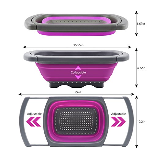 Qimh Collapsible Colander, Kitchen Colander Set Over Sink Strainer Veggies/Fruit Colanders Strainers with Extendable Handles, Dishwasher Safe Folding Strainer for Kitchen, 6-Quart, BPA Free - color: Purple