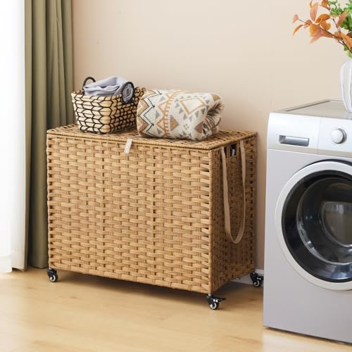 Laundry Hamper with Wheels, 52.8 Gallon(200L) Rolling Laundry Basket with Lid, 3-Section Rattan Clothes Hamper with 3 Removable Liner & 3 Mesh Bags, Laundry Sorter with Side Pocket, Natural - color: Natural, size: 200L(31.5 x 15.75 x 25.6 Inches)