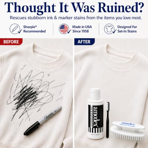 Amodex Ink & Stain Kit with Stain Remover Brushes, Removes Ink, Sharpie, Grease, Food and More, Safe and Effective on Clothes, Leather and Skin, Includes 1 Bottle and 2 Brushes - style: Stain Remover Brush Kit